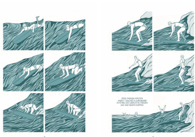 Ten small square panels show a woman with a prosthetic right leg swimming and getting on a surfboard successfully. In an eleventh panel, her friends watch and celebrate her success. The text in that panel reads, "Even though Kristen hadn't touched a surfboard in years, she looked as though she had never stopped."