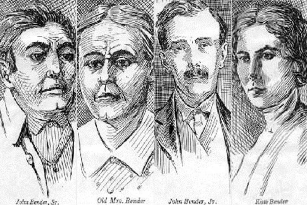 A picture of engraved sketches of the Benders, from left: Pa, Ma, John, and Kate Bender.