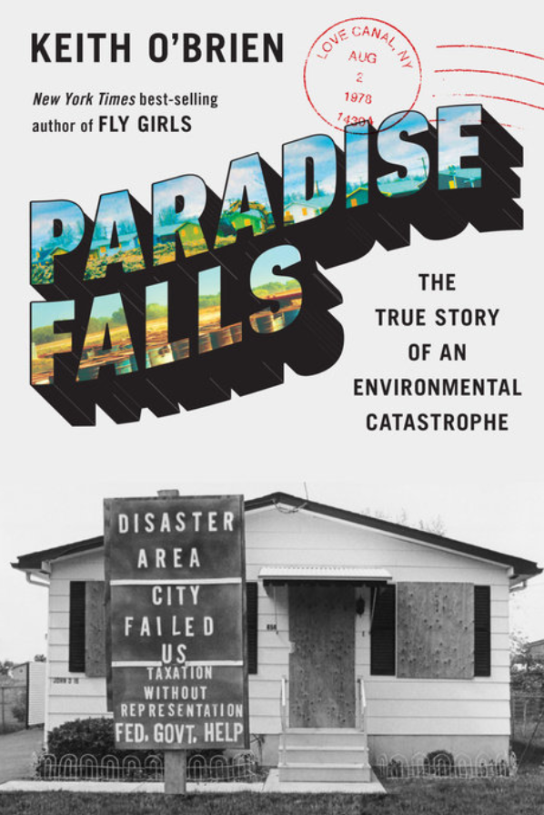 The cover of Paradise Falls, featuring the title in colorful and idyllic postcard block text. Behind the title is a black-and-white image of a boarded-up house with signs in the front reading "Disaster Area" and "City Failed Us" and "Taxation Without Representation Fed. Govt. Help"